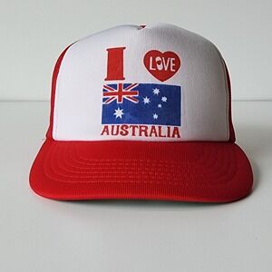 Vintage I Love Australia Trucker Hat Mesh Cap Snap Back Oz Flag Red‎ White 90s